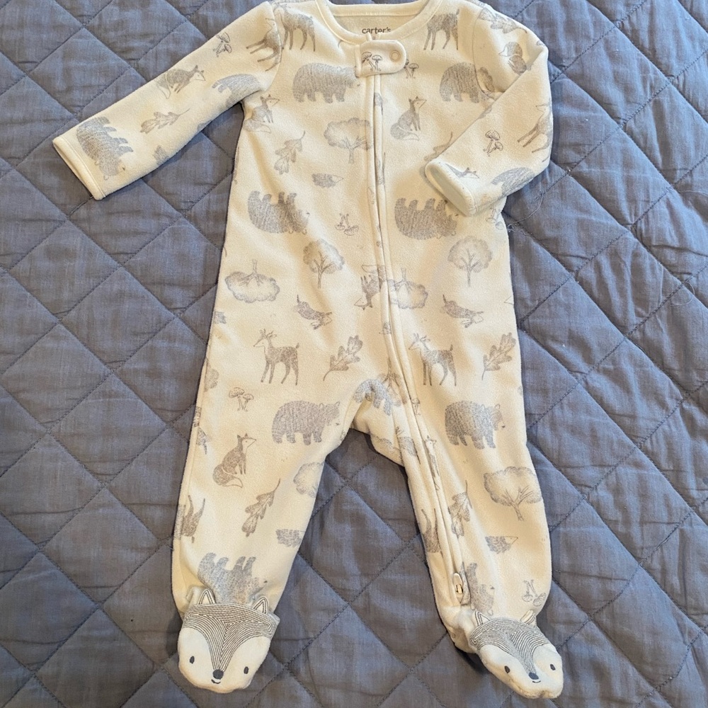 Carter's fleece Cream and Gray Animal Print One Piece..like new